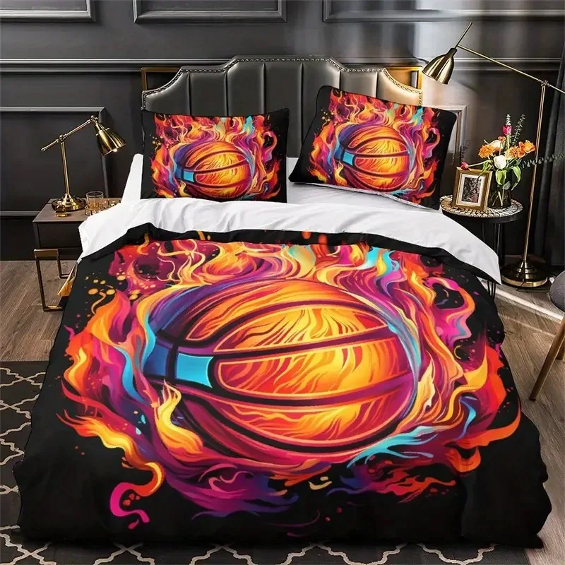 مجموعة غطاء لحاف كرة السلة الكرتونية المزدوجة، مجموعات مفروشات رياضية ملونة للأولاد والمراهقين، أغطية لحاف كرة السلة لديكور غرفة النوم