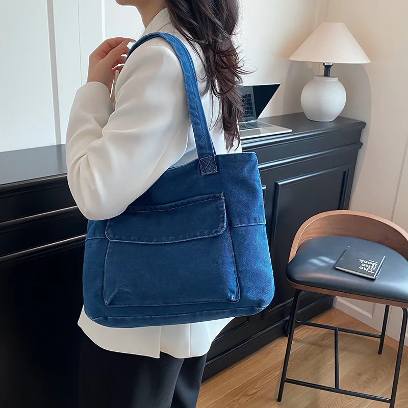 Custom Logo Portable Women Denim Shoulder Bags Simple Large Capacity Ladies Handbags Solid Color College Style Female Tote Bag
