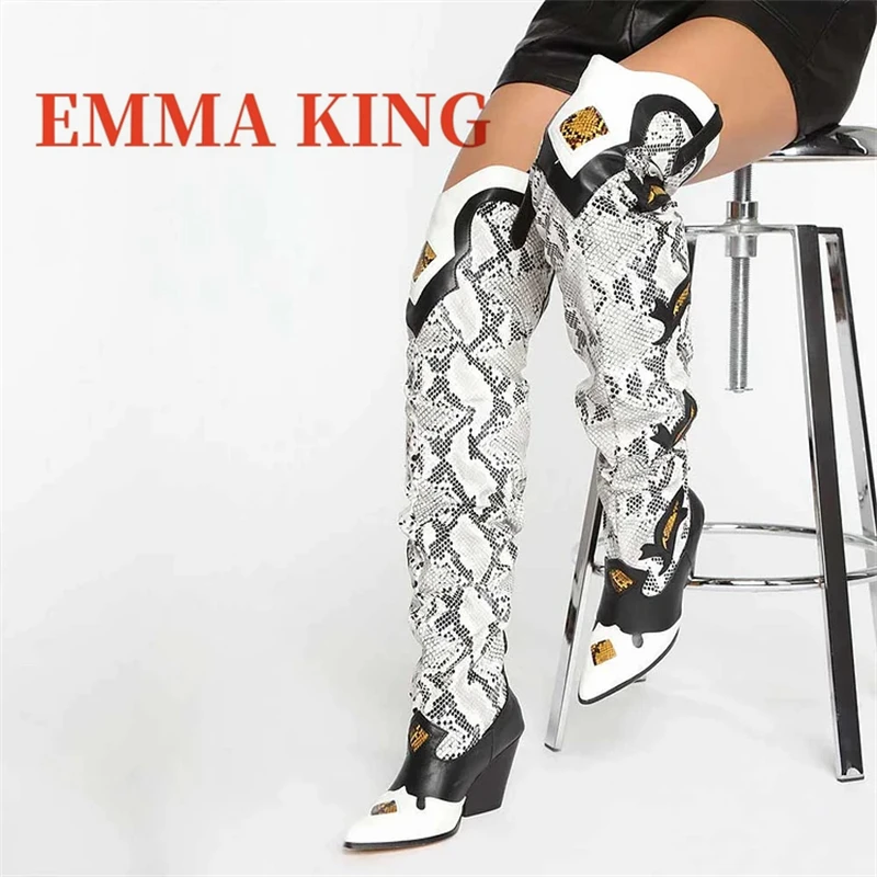 النساء حذاء بكعب سميك فوق الركبة الأحذية النمط الغربي أشار تو جلد الثعبان الفخذ عالية التمهيد السيدات الشتاء Botines Mujer بوتاس