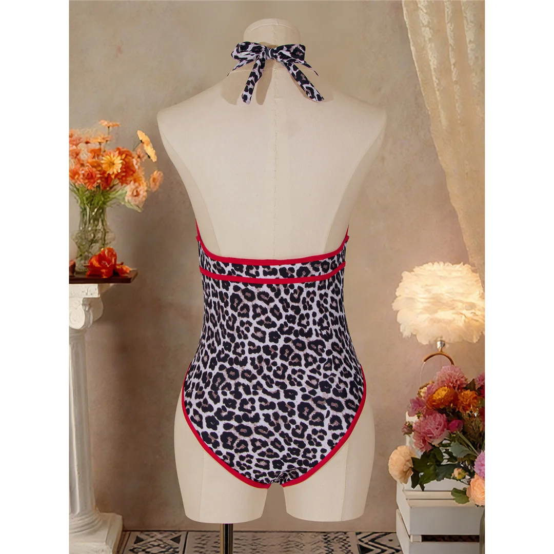 Leopard-Halter-Badeanzug mit tiefem V-Ausschnitt, einteilig, Damen-Bademode, rückenfreies Design, hoher Beinausschnitt, gepolstert, Badeanzug, Modell V7810. – Detail 6