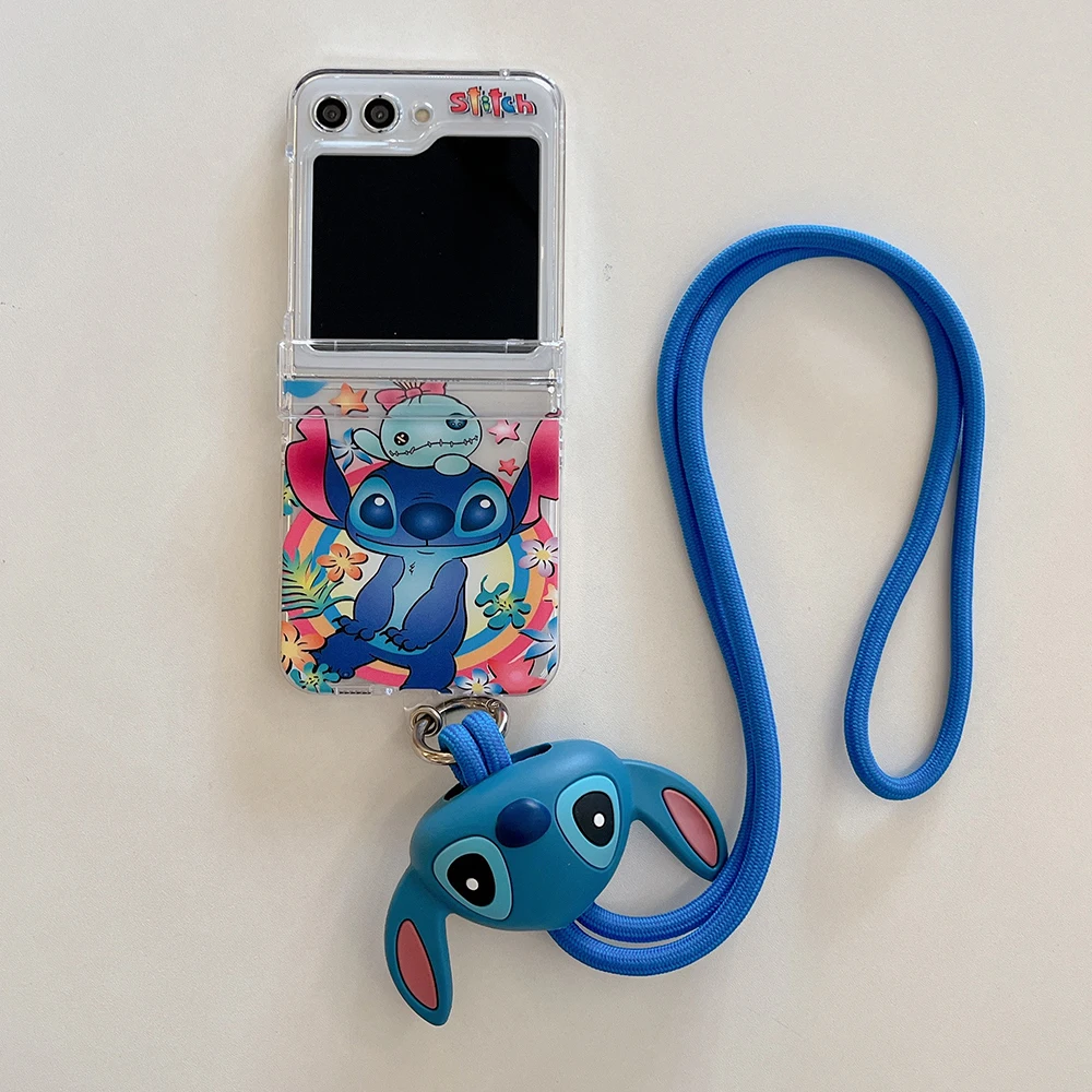 Cute Disney Stitch with Silicone Lanyard Clear Phone Case for Samsung Galaxy Z Flip 3 4 5 5G PC Hard Anti-drop Back Cover Funda