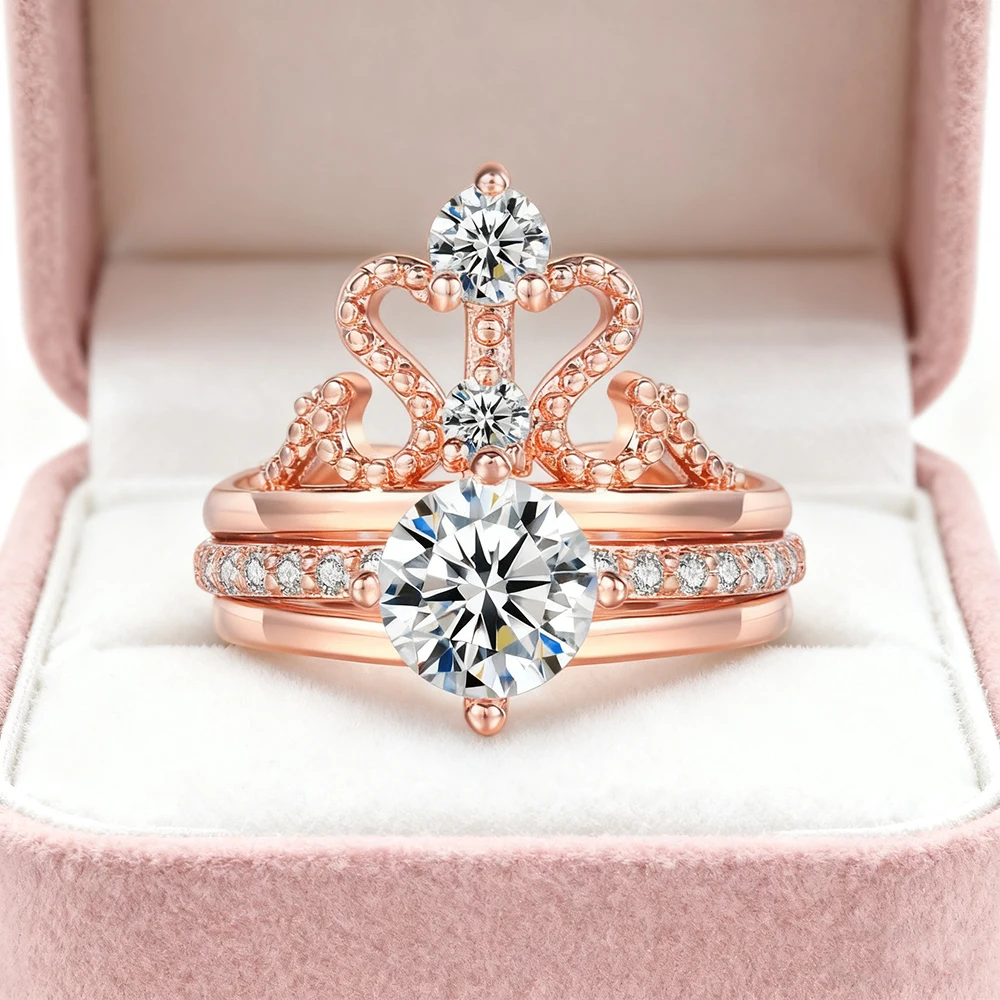 INN خمر خاتم فخم للنساء أنيقة رائعة زركون الملكة تاج المشاركة خاتم الزواج مجموعة مجوهرات هدية R350-2