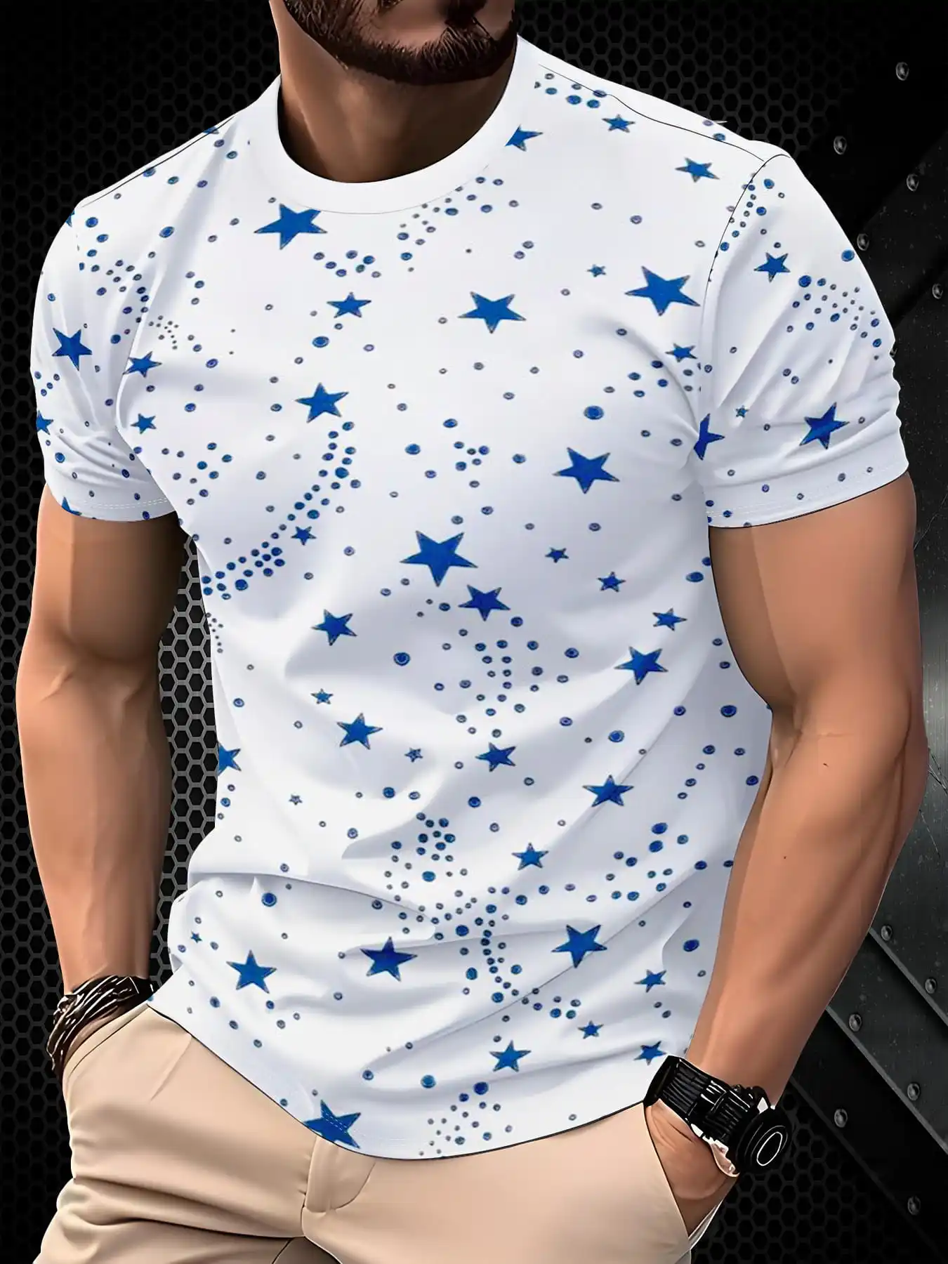 White Crew Neck Men Tee Fashion Blue Five-Pointed Star Tiny Dot Allover Print Lightweight Daily Short Sleeve Top