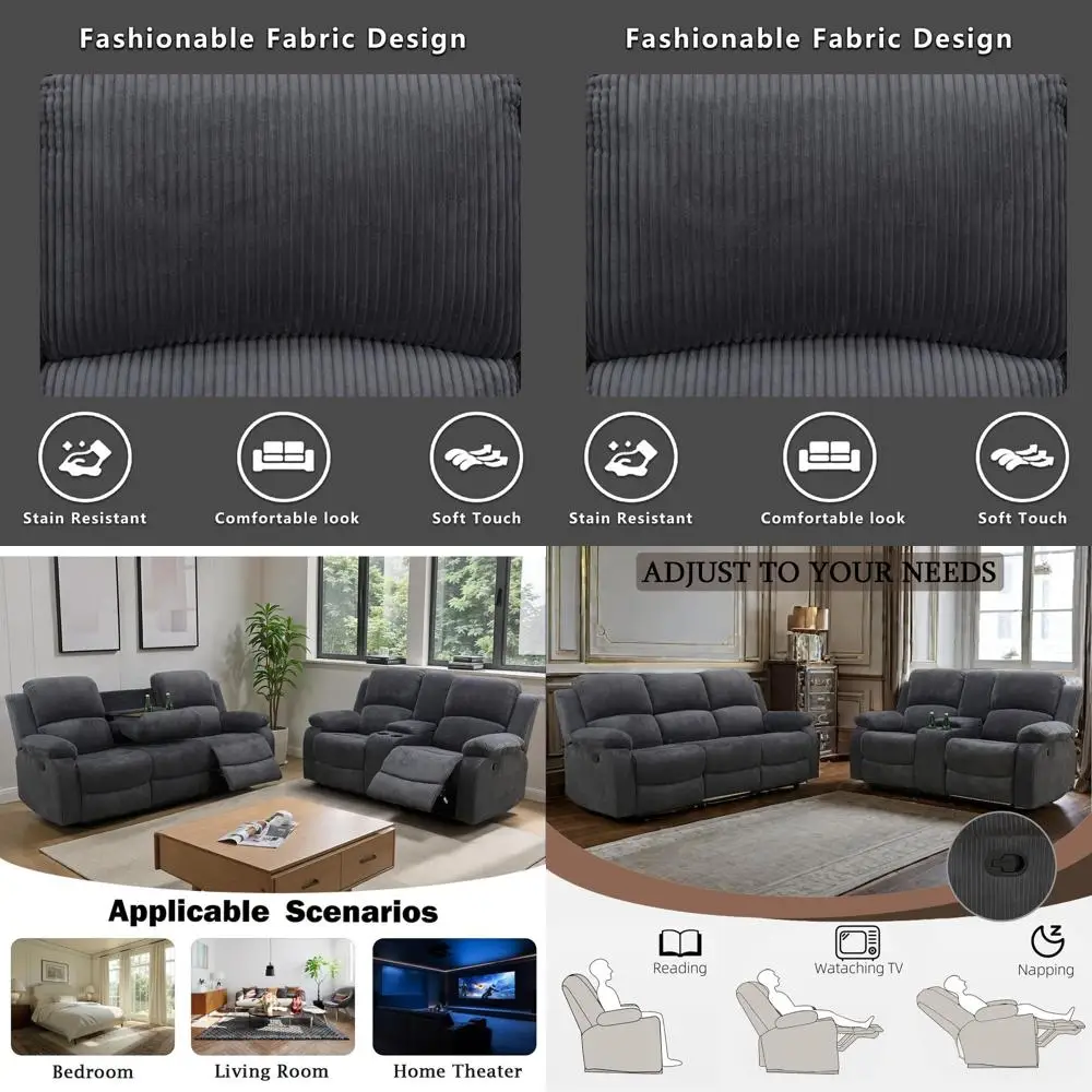 

2-Piece Gray Reclining Sofa and Loveseat Set for Living Room, Office, or Theater