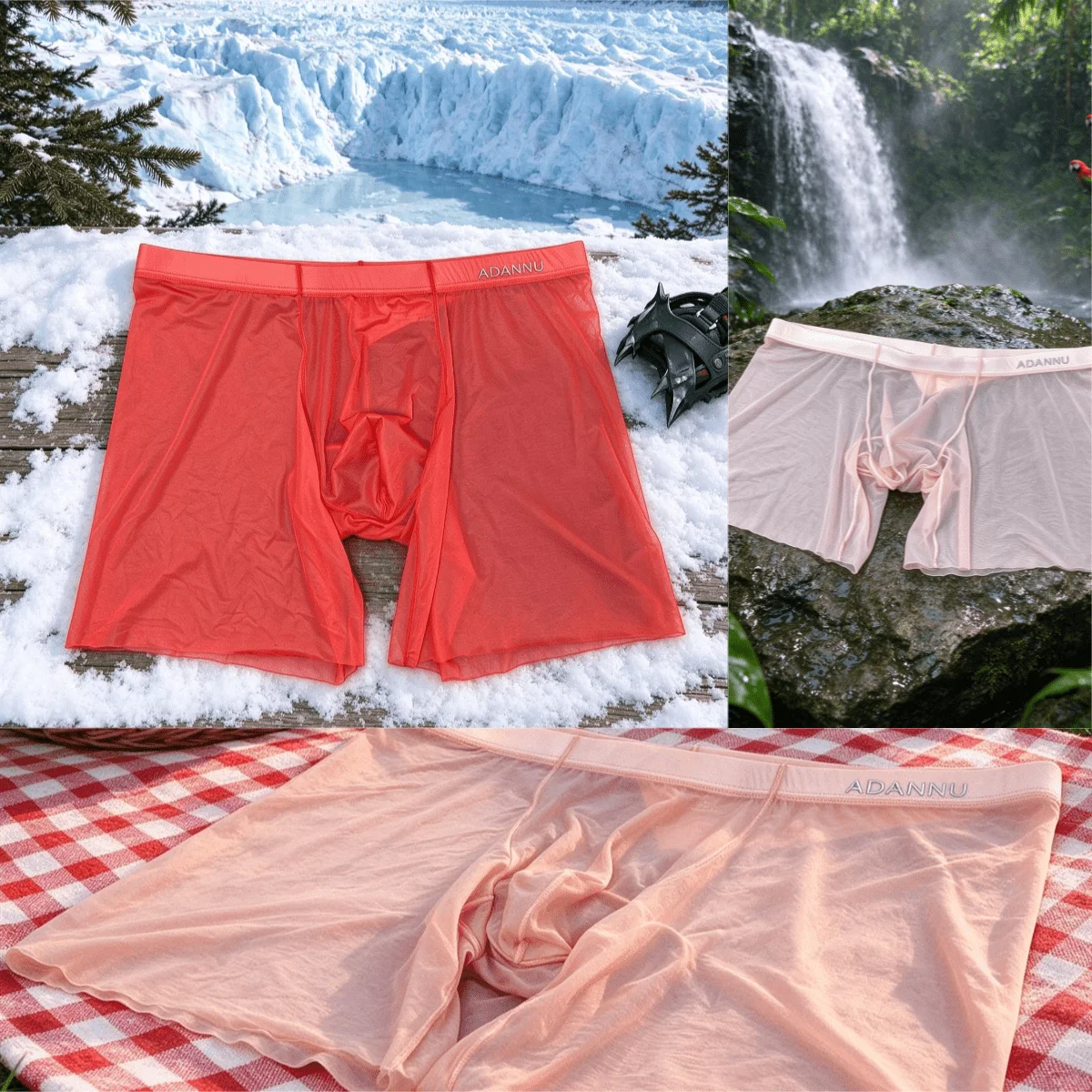 Men's Mesh Long Boxer Briefs Sheer Lightweight Elastic Branded Wide Waistband Extended Leg Cut Loungewear Close Fit Underwear