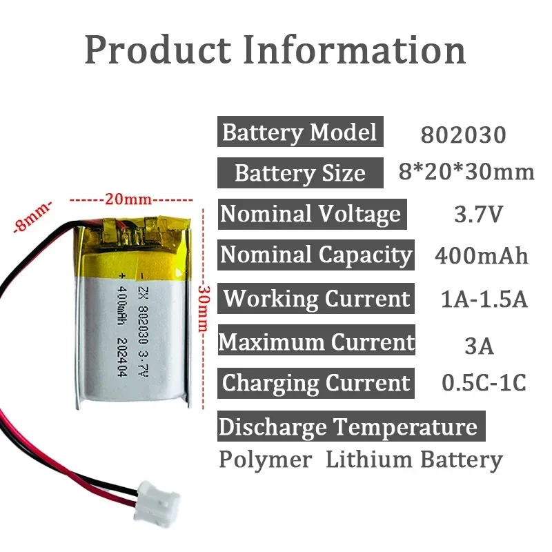 3.7V 400mAh เซลล์ลิเธียมโพลิเมอร์802030แบตเตอรี่แบบชาร์จไฟได้ลิเธียมไอออนสำหรับ MP4 MP3 MP5 GPS