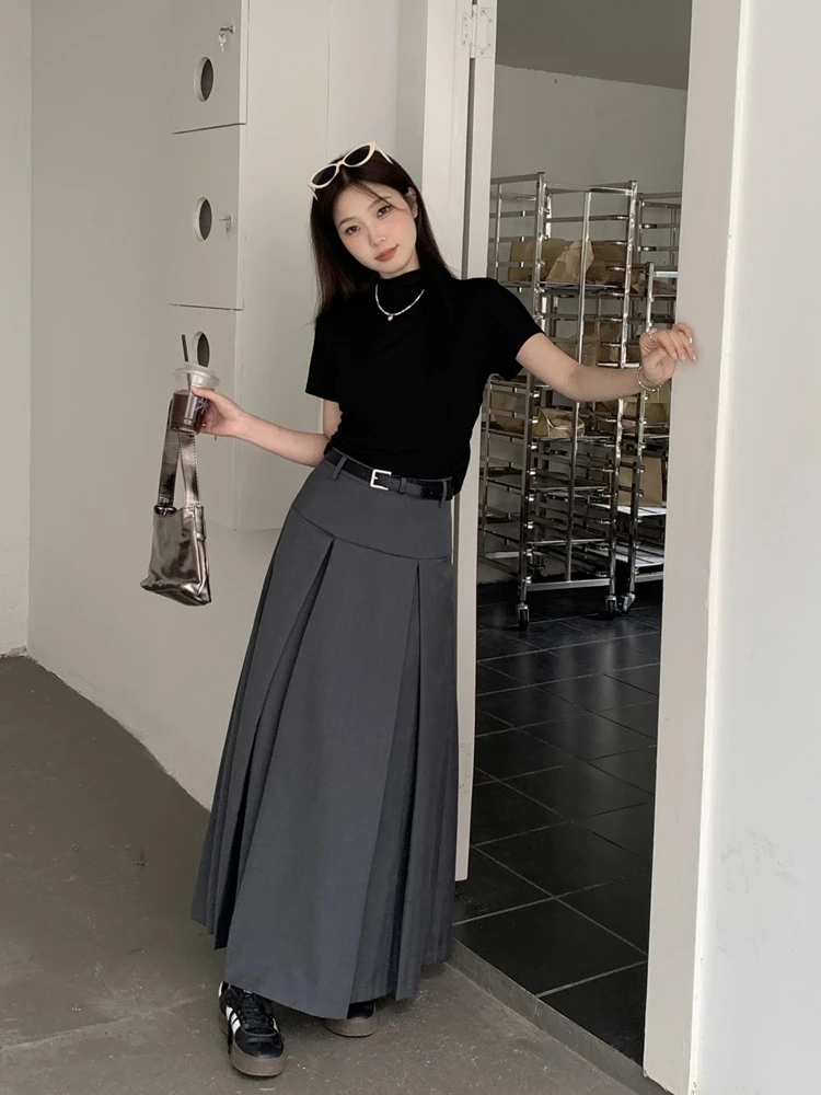 

plus Size Hot Girl Style Set Summer New Slim Fit Half High Collar Short Sleeve High Waist Pleated Dress Two Piece Suit