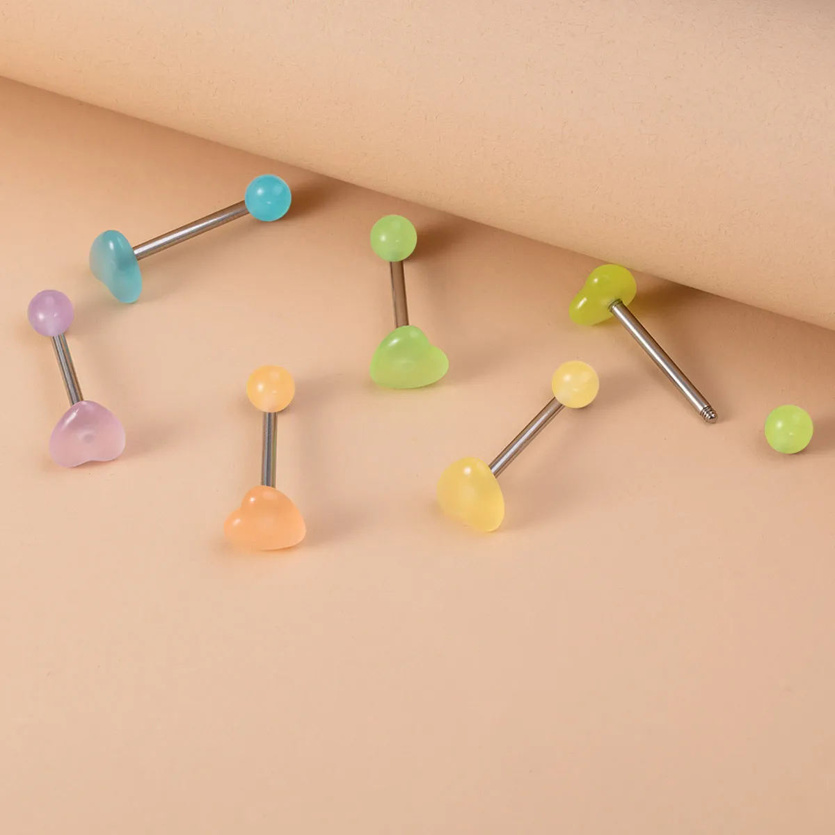 6 قطعة القلب الاكريليك متوهجة حلقة اللسان الحديد 316L الفولاذ المقاوم للصدأ بار ثقب اللسان مجوهرات للجسم 14 جرام #4