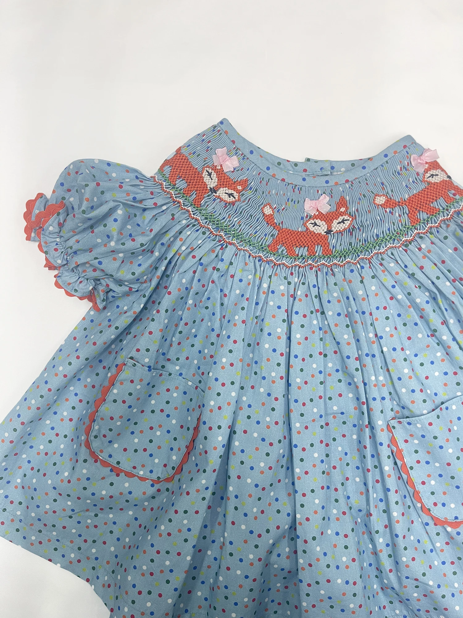 Summer Girls Smocking 2Pcs Set Blue Polka Dot Pure Cotton Puff Sleeves Handmade Fox Embroidery Fabric Soft Thin Super Breathable