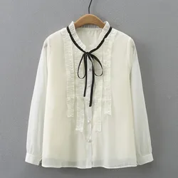 Camisa Retro francesa con cordones y cuello de volantes para mujer, ropa informal de talla grande para otoño e invierno, abullonada blusas de manga, Tops F33 66108