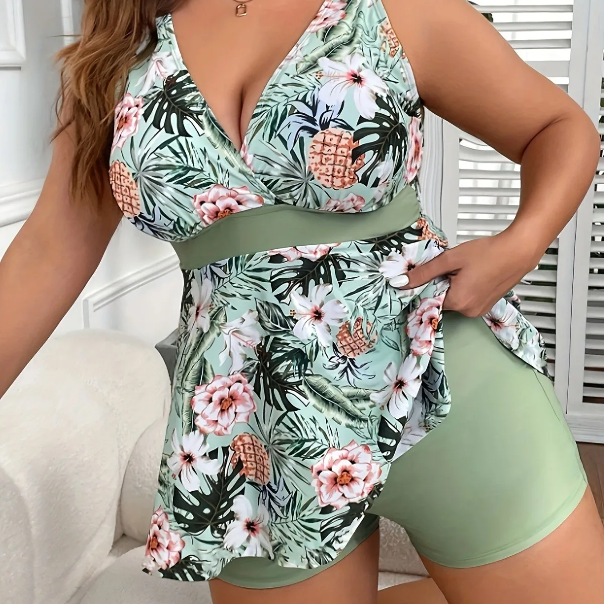 Printed Bikini Sleeveless V Neck High Waist Bikinis Floral Print Pineapple Swimsuit Mint Green Ruffle Hem Two Piece Swimsuit
