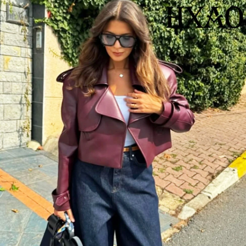 

HXAO Faux Leather Jacket Women's Coat Demi-Season Cropped Windbreaker Coat Long Sleeve Button Black Motorcycle Jacket Woman