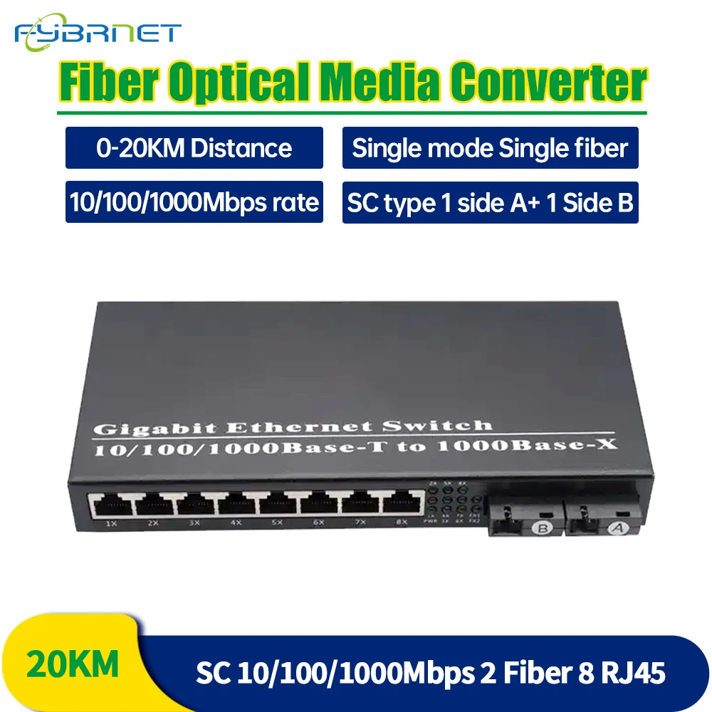 

Gigabit Ethernet Fiber Switch Media Converter 8 RJ45 UTP and 2 SC fiber Port Transceiver 20KM SC Single Mode 10/100/1000M