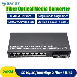 Gigabit Ethernet Fiber anahtarı medya dönüştürücü 8 RJ45 UTP ve 2 SC fiber Port alıcı verici 20KM SC tek mod 10/100/1000M
