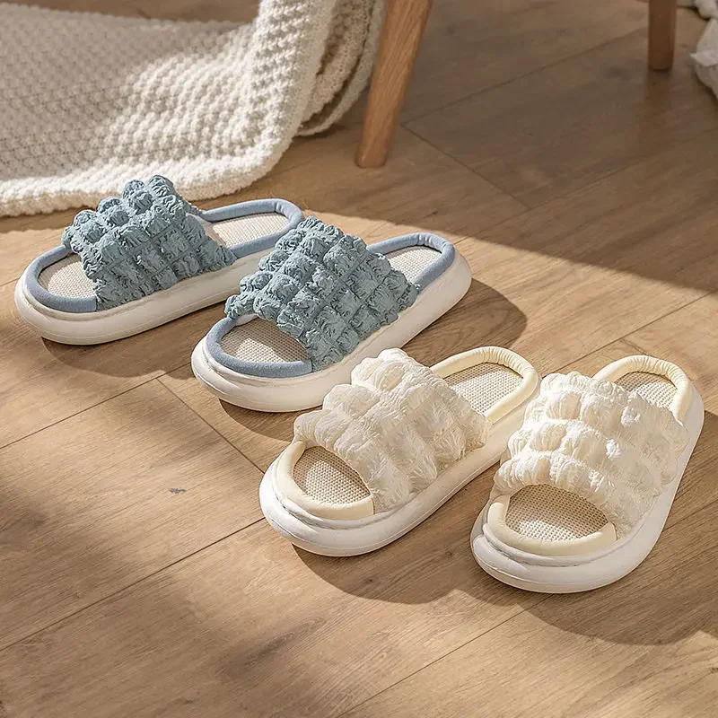 

Дышащие льняные тапочки для женщин на толстой подошве из ЭВА, удобный пуховый дизайн, домашняя обувь на весну/осень, тихие и мягкие
