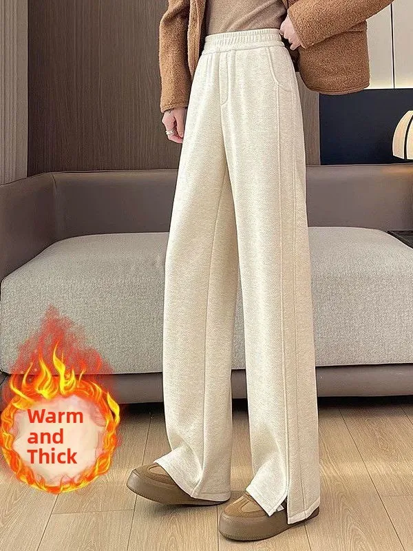 Thickened Fleece Wide Leg Pants High Waist Straight Cut Casual Trousers for Women Autumn Winter Checkered Split Banana Pants