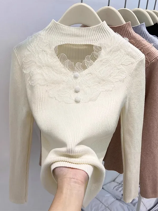 

Французский вязаный свитер с длинными рукавами, кружевными вставками и высоким воротником, женский облегающий базовый топ для повседневной носки