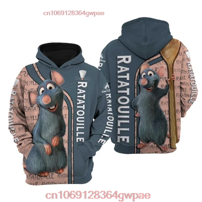 2022 Winter New Hoodie Disney Ratatouille 3D Hoodie Disney Sweatshirt Thickened Hoodie Casual Vintage Men's Women's Zip Hoodie