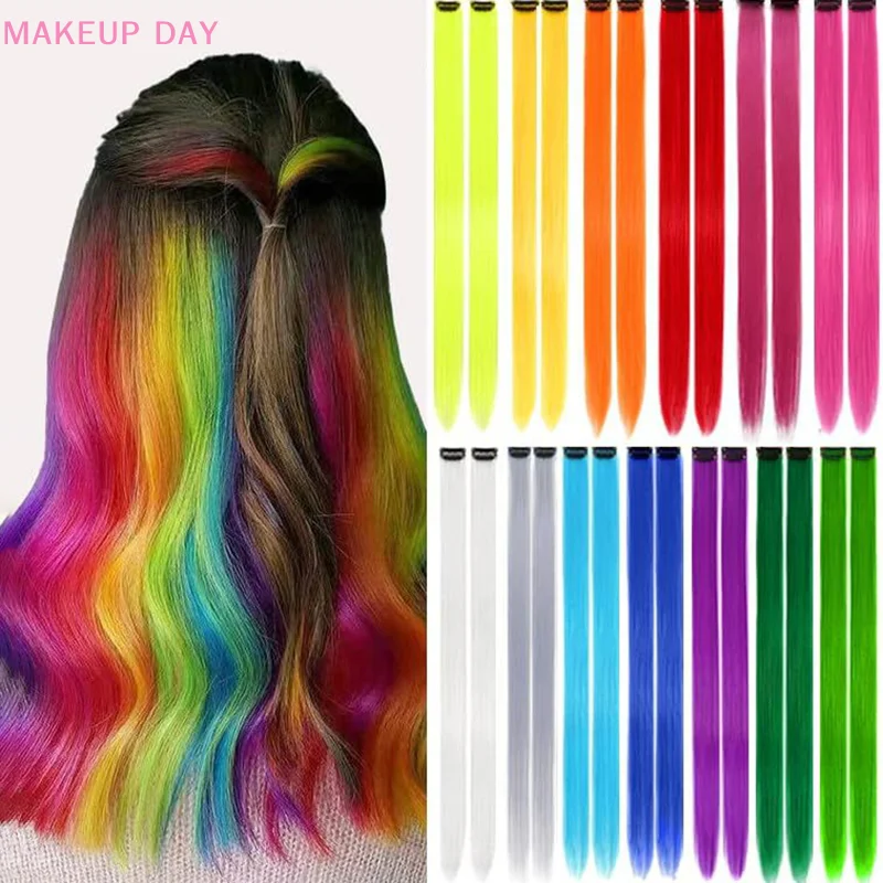 Straight Colored Clip In One Piece Hair Extensions Rainbow Color Synthetic Girls Fake False Clip On Hair Pieces