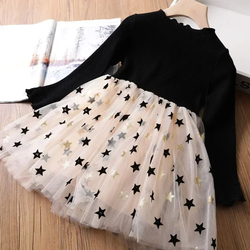 New Girl Autumn Winter Long Sleeve Dress Star Sequin Party Princess Dress Children Casual Clothing Fashion Knitted Tutu Clothing