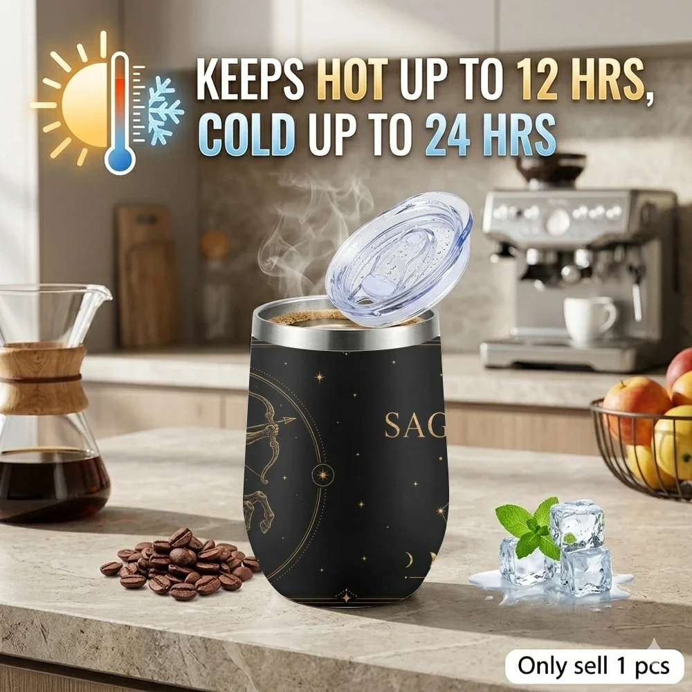 7-12 Black Luxury Zodiac Signs Vacuum Flasks 12oz Eggshell Cup With Lid, Portable Coffee Cup For Travel Office Mug