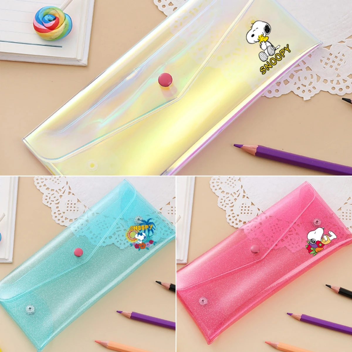 New Snoopy Kawaii Transparent Laser Cosmetic Bag Girls Portable Cartoon Makeup Case Coin Purse Cute Glitter Pen Holder Gifts Toy