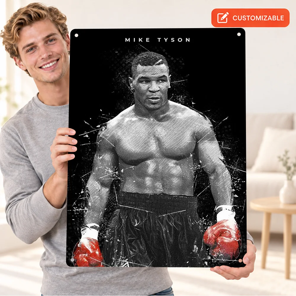 Mike Tyson Boxing Guard Printed Poster Customized Aluminum Metal Sign Red Gloves Monochrome Figure Wall Art For Fitness Studio