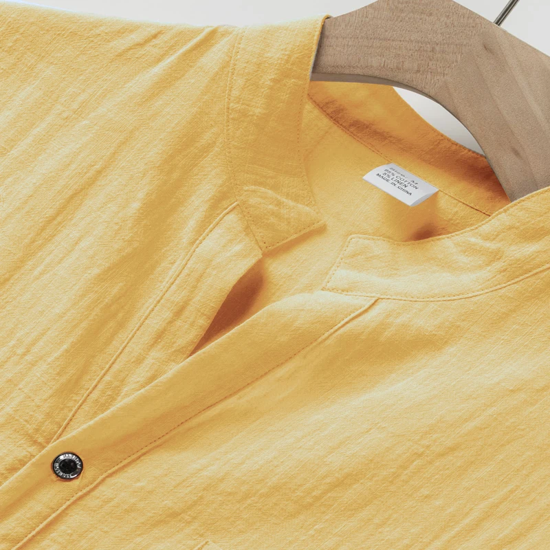Herren-Henley-Shirt mit Stehkragen, Kurzarm, Baumwoll-Leinen-Mischung, Brusttasche, Atmungsaktiv, Sommer, Alltag, Reise, Strand, Freizeit-Oberteil – Detail 29