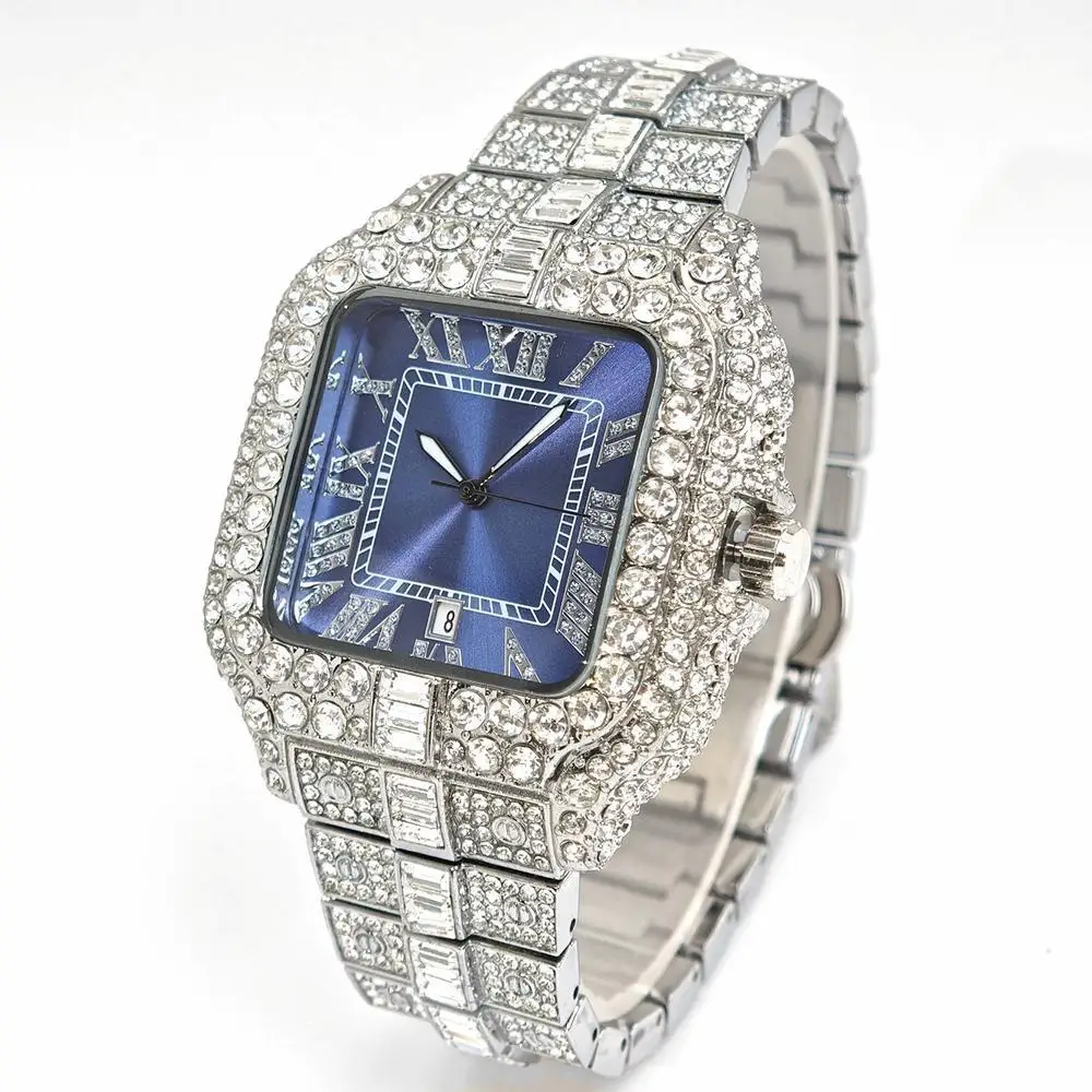 حار بيع مثلج ساعة للرجل موضة ساحة AAA ساعات كوارتز رجالية الهيب هوب مستطيل الماس مجوهرات بلينغ ساعة معصم هدية