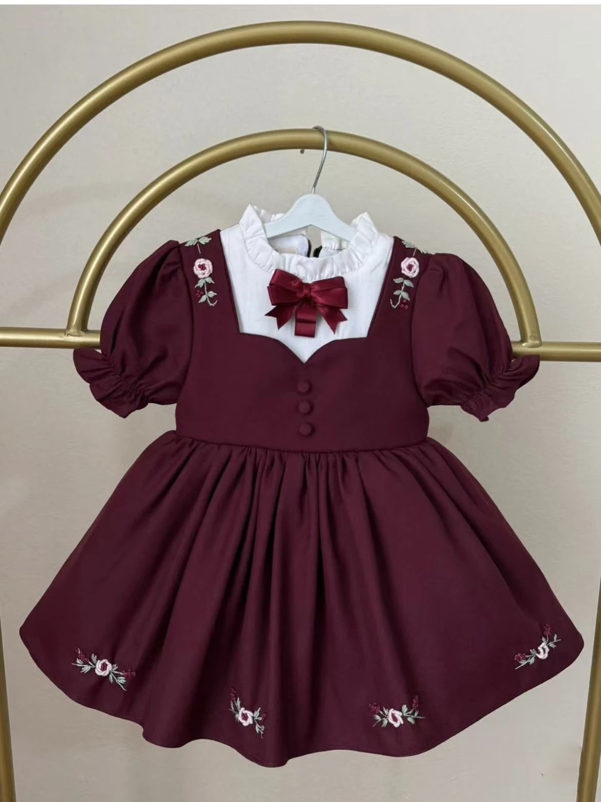 Summer Baby Girl Sweet Vintage Handmade Embroidered Flower Bow Red Fluffy Dress For Casual Party Birthday Wedding Photography