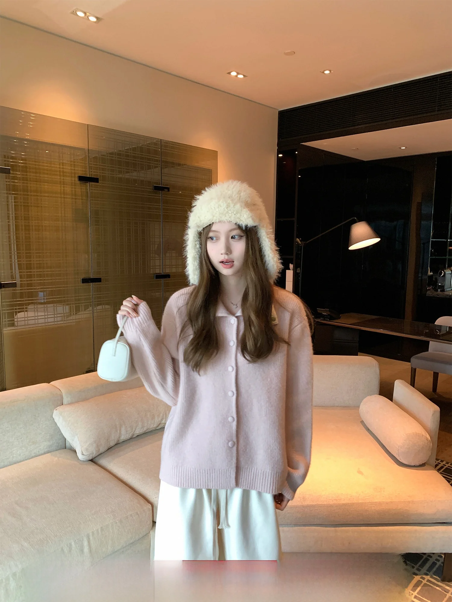 

Свободный корейский вязаный свитер с воротником-стойкой и длинными рукавами, женский повседневный удобный открытый кардиган, модный