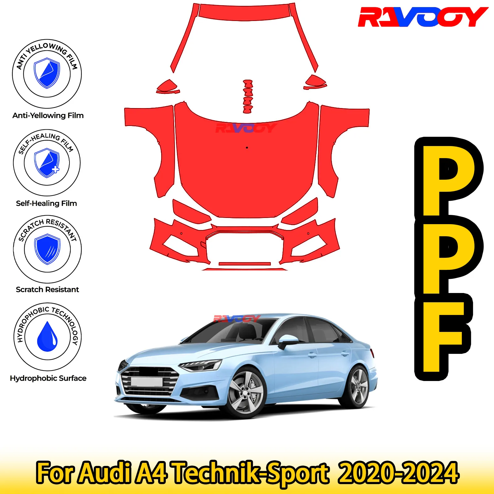 

Для Audi A4 Technik-Sport 2020-2024 глянцевая матовая черная предварительно вырезанная передняя защитная пленка PPF для защиты от краски