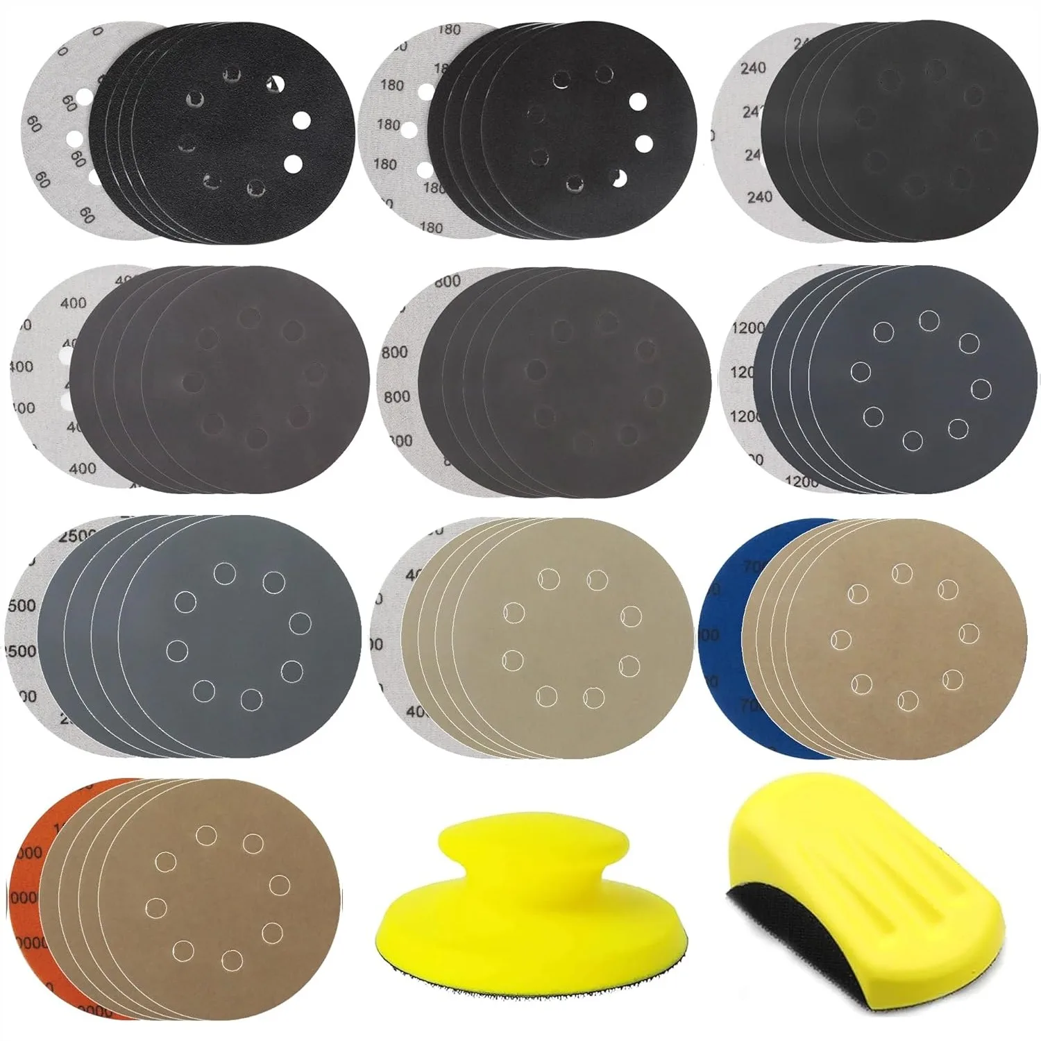 

50pcs Sanding Discs Hook and Loop 5 Inch with 8 Holes, 60 to 10000 Grits for Automotive Metal Polishing and Hand Sander