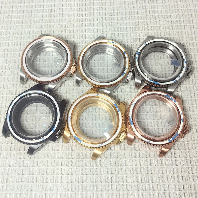 Caixa preta de 40 mm para movimento NH34 35 36 8215, mostrador de 28,5 mm, parte traseira de vidro safira, transparente à prova d'água