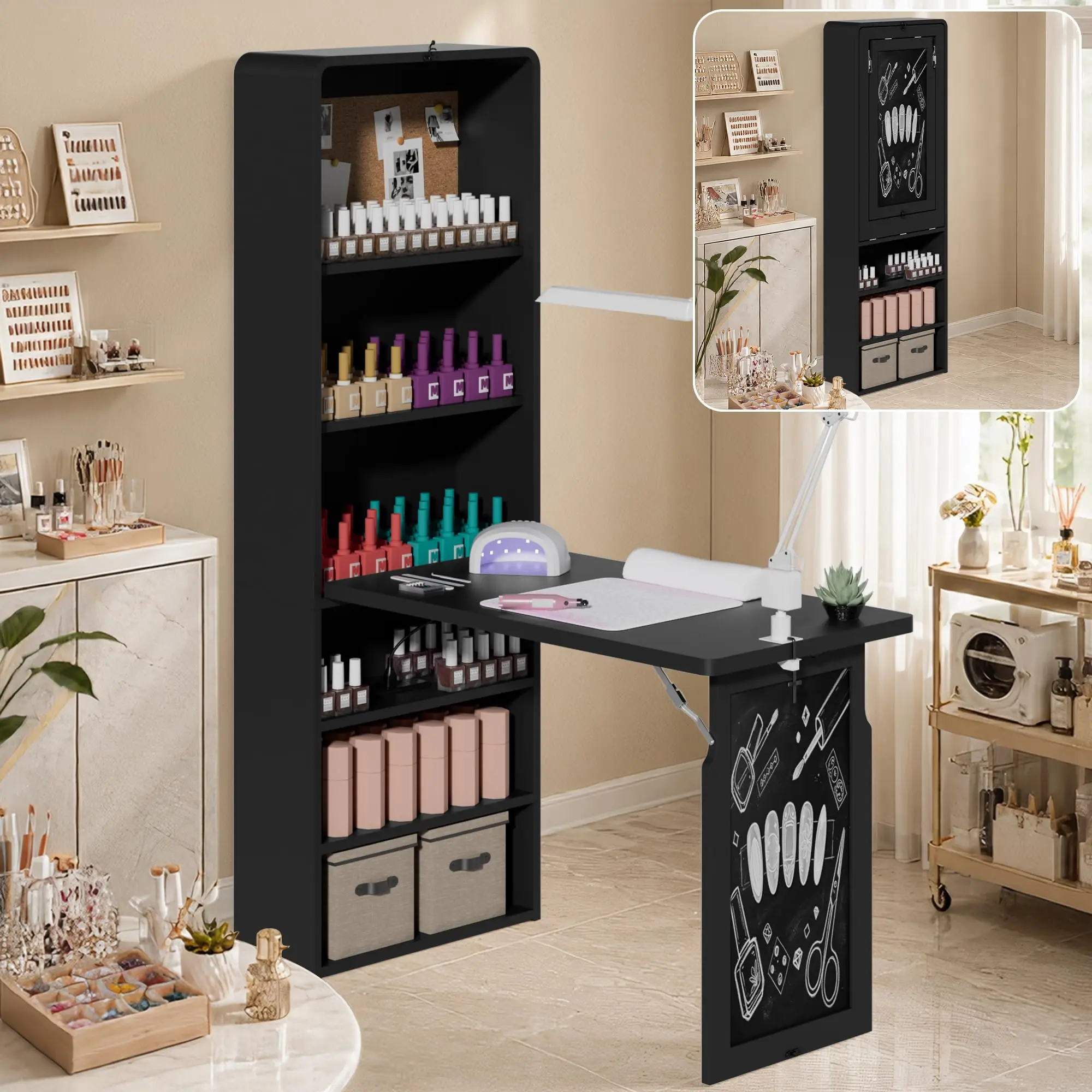 Foldable Nail Desk with Storage, Folding Manicure Table with Chalkboard