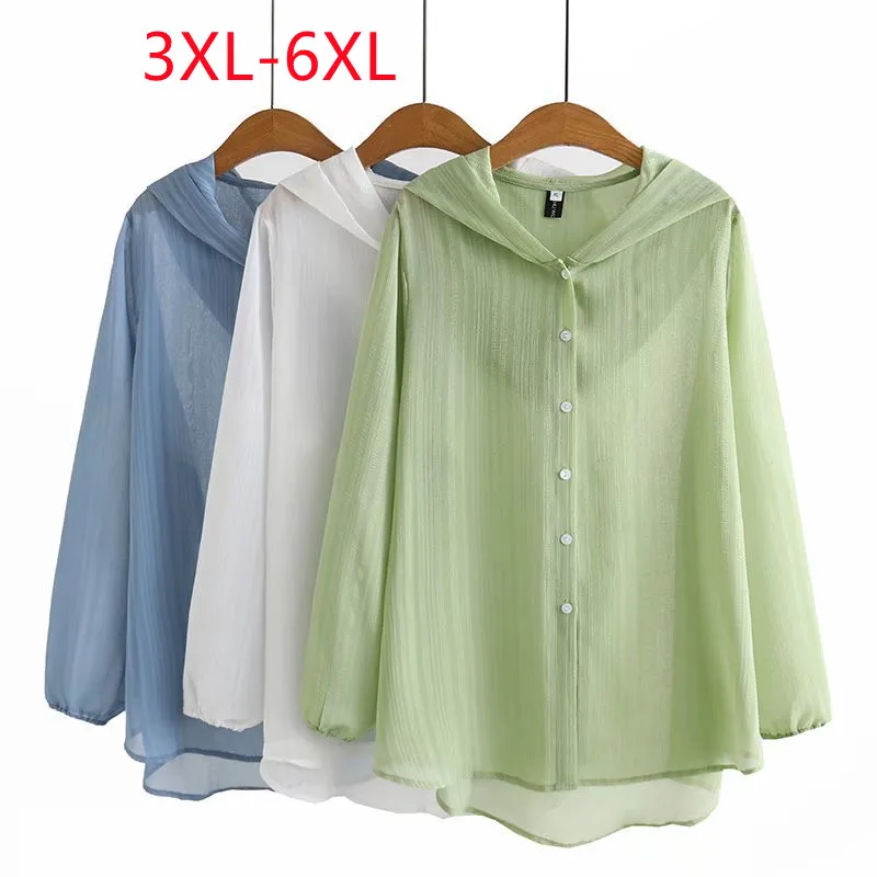 

Large Womens 2022 summer new fashion casual long sleeve blue green Plus Size hooded sunscreen 3XL 4XL 5XL 6xl
