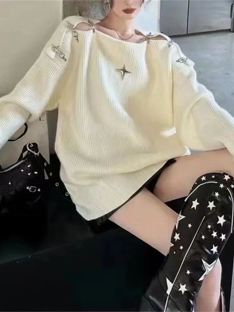 

Осенние однотонные женские пуловеры, шикарный сексуальный ажурный джемпер с открытыми плечами и заклепками, вязаный свитер большого размера, топы Y2k Sueter Mujer