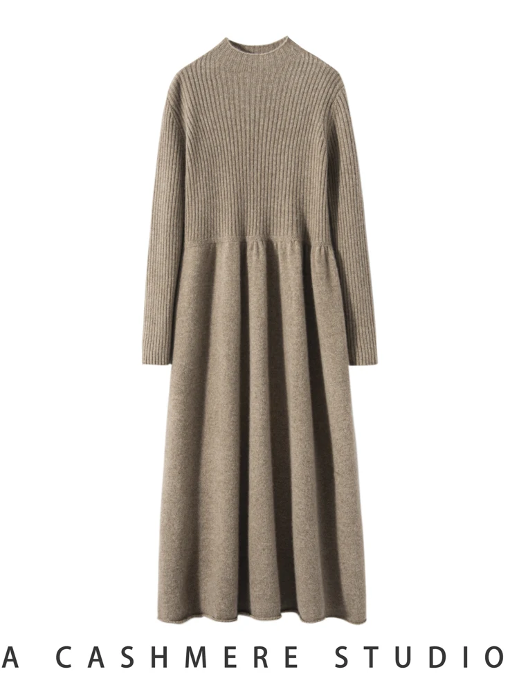 

Autumn Winter Thickened Cashmere Knitted Dress Slimming Mid-Length Sweater Warm Umbrella Dress Long Sleave O Neck high quality