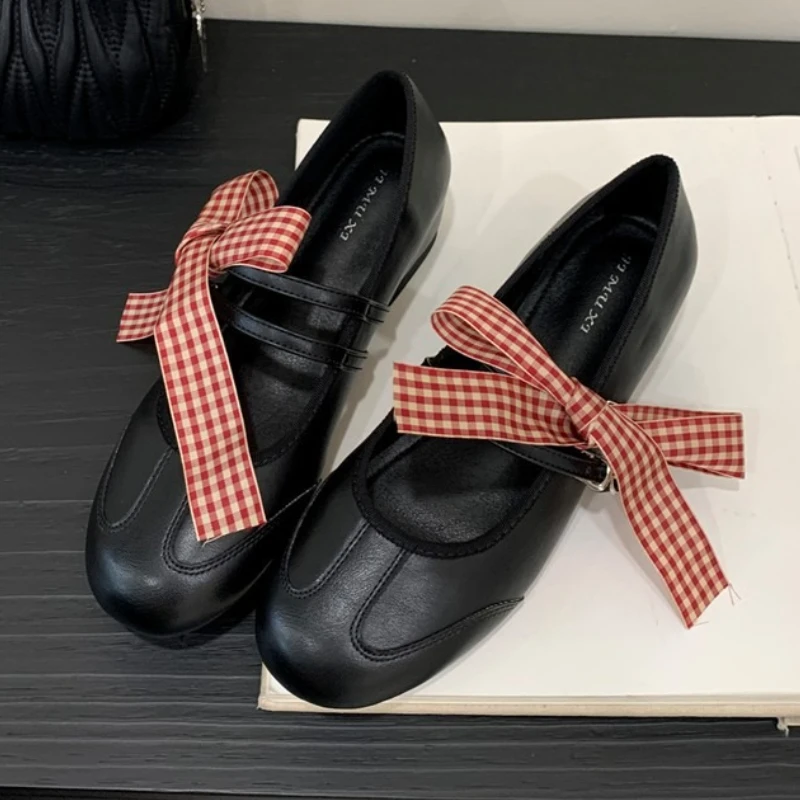 Fashion Round Toe Mary Jane Shoes Women Bowknot Buckle Shallow Comfort Ballet Style Dress Shoes Casual Brand Flat Shoes Female