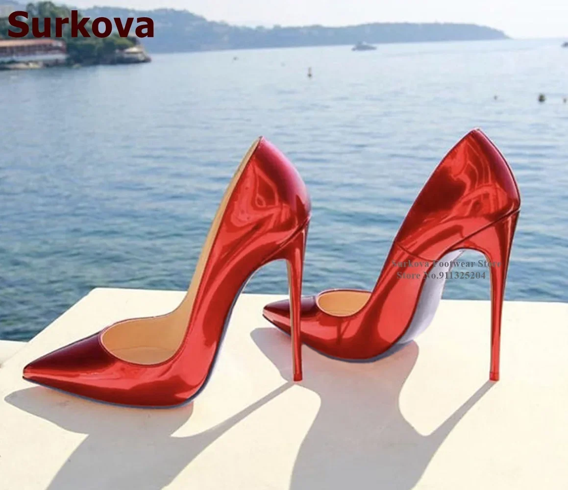 

Surkova 12cm High Heel Fluorescent Purple Red Dress Shoes Metallic Glossy Patent Leather Shallow Pumps Pointed Toe Size45 Heels