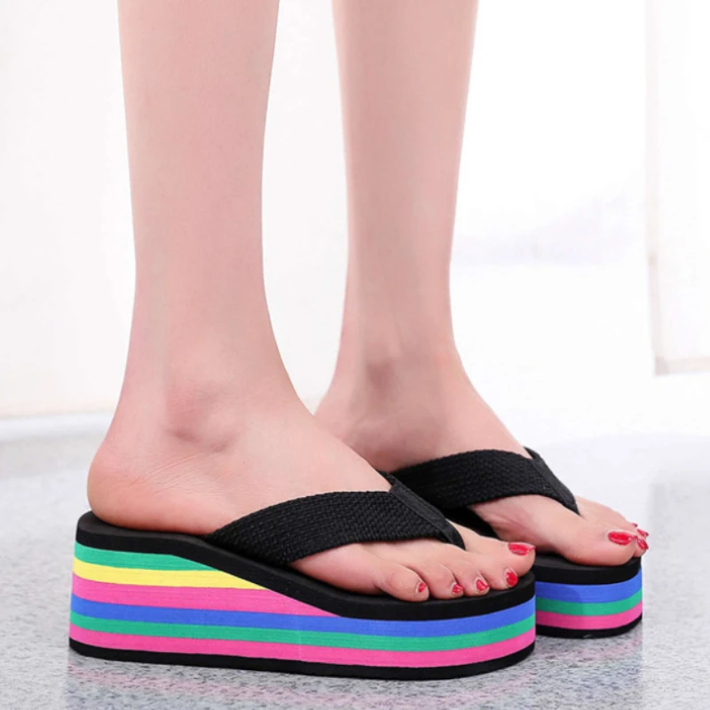 Women\'s Rainbow Color Platform Flip Flops Summer Thick Sole Lightweight Slip-on Wedges Sandals Girls Beach Slippers