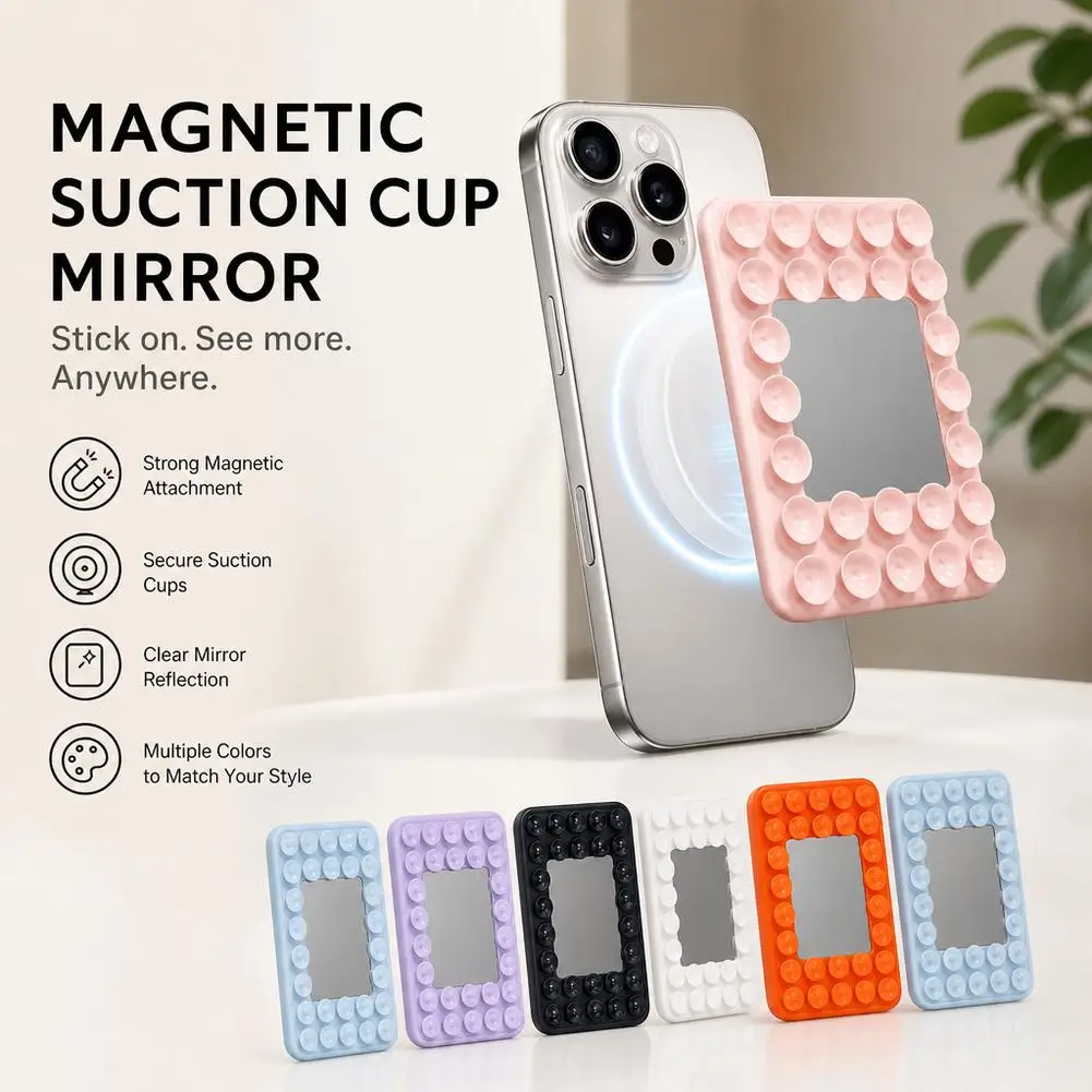 Magnetic Suction Cup Phone Holder with Mirror For MagSafe iPhone Silicone Hands-Free Wall Mount Stand For Selfie Video
