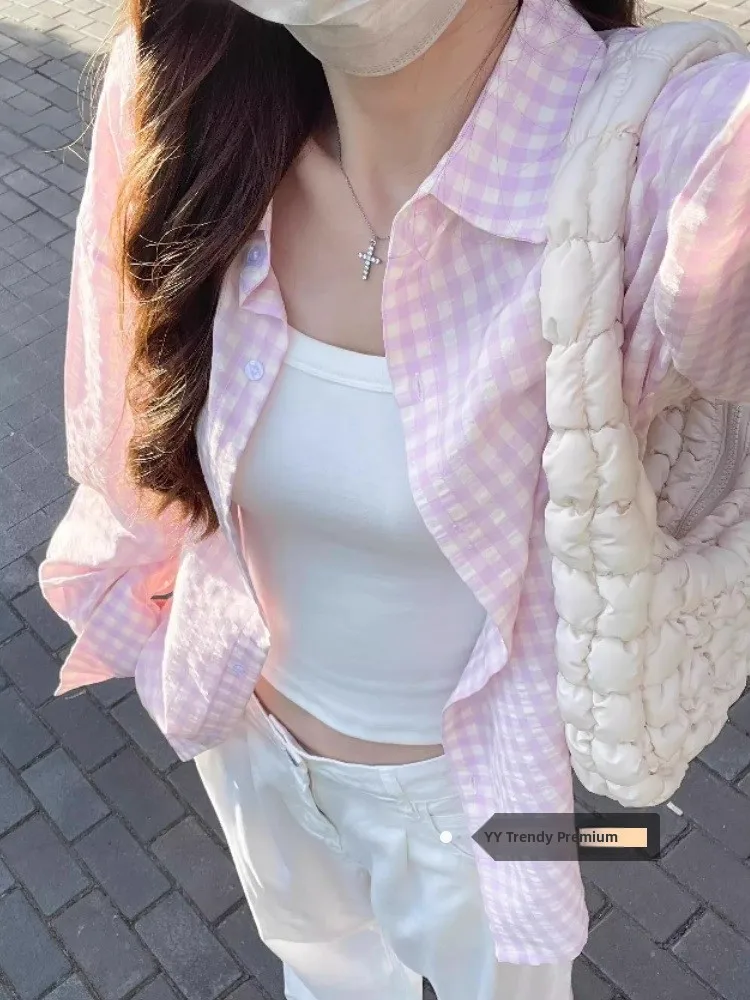 Rosa Plaid Loose Fit da donna irt Sottile Protezione solare Capispalla casual Coreano Sle Autunno Nuovo arrivo Versatile Pendolarismo Vento