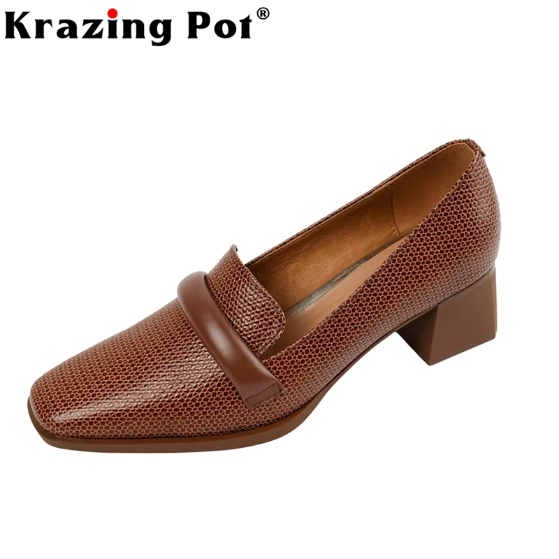

Лоферы Krazing Pot женские из воловьей кожи на среднем каблуке, модные туфли-лодочки с квадратным носком, в стиле ретро, для офиса, восточные, без застежек, брендовые туфли-лодочки