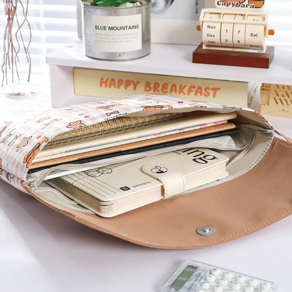 

Multi Functional Plaid Puppy A4 File Folder Snap Button Handheld Tutoring Bag Large Capacity Washable Document Folder Gift