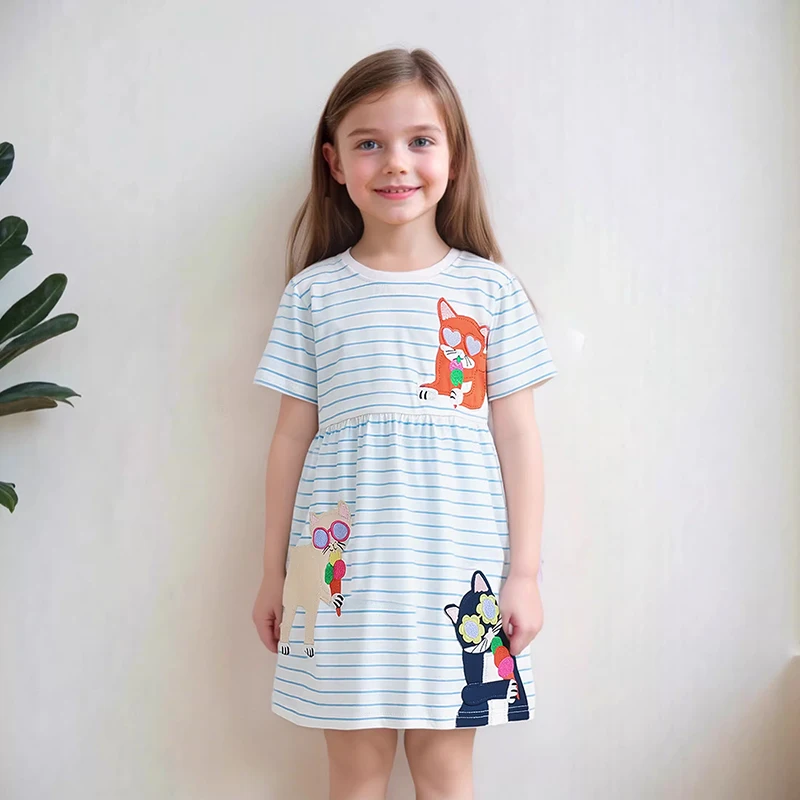 Little maven Kids Clothes 2026 New Summer Children's Clothing Cartoon Cats Striped Dresses Holiday Cotton Casual Vestidos  Gifts