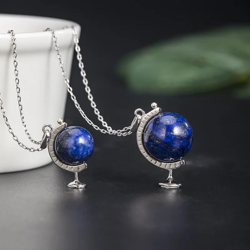 925 silver lapis lazuli globe pendant, rotating round ball temperament, couple necklace, birthday gift for girlfriend