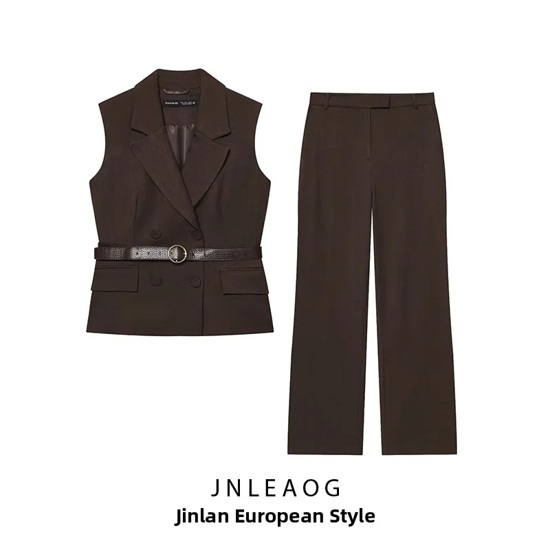 

Fashionable High Waist Belted Vest And Straight Leg Pants Set for Women Autumn New Arrival Versatile High Waist Polyester Fiber