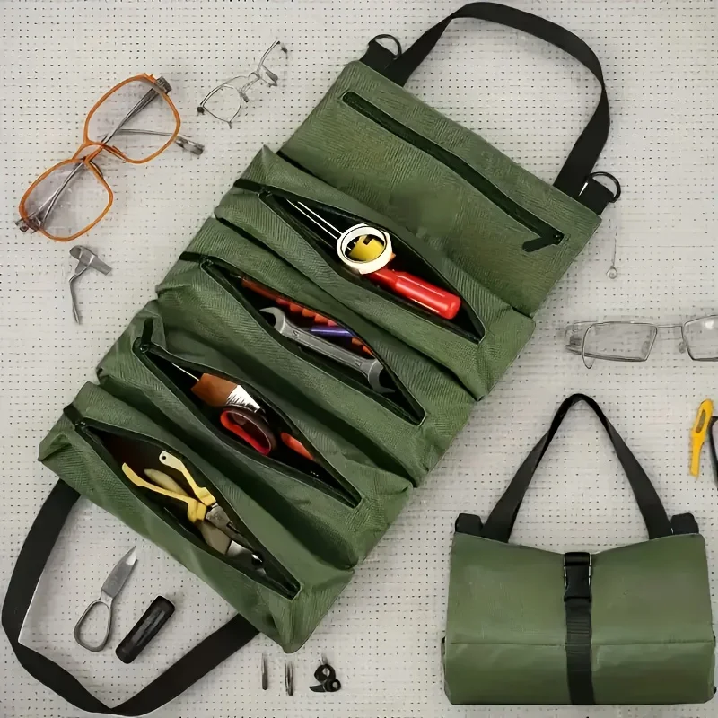 Oxford fabric heavy-duty tool roll bag - large capacity foldable tool organizer with 5 fixed compartments to securely hold tools