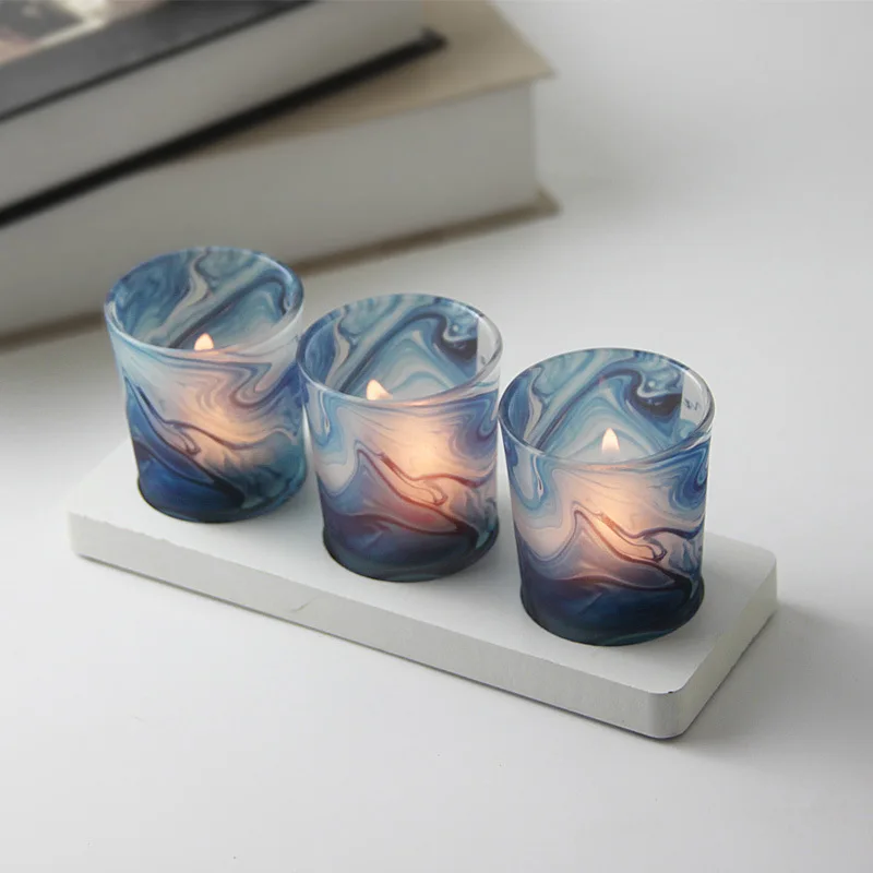 

3pcs Nordic Blue Printed Wooden Glass Candle Holders Modern Romantic Candlelight Dinner Decoration Scented Candelabra Set